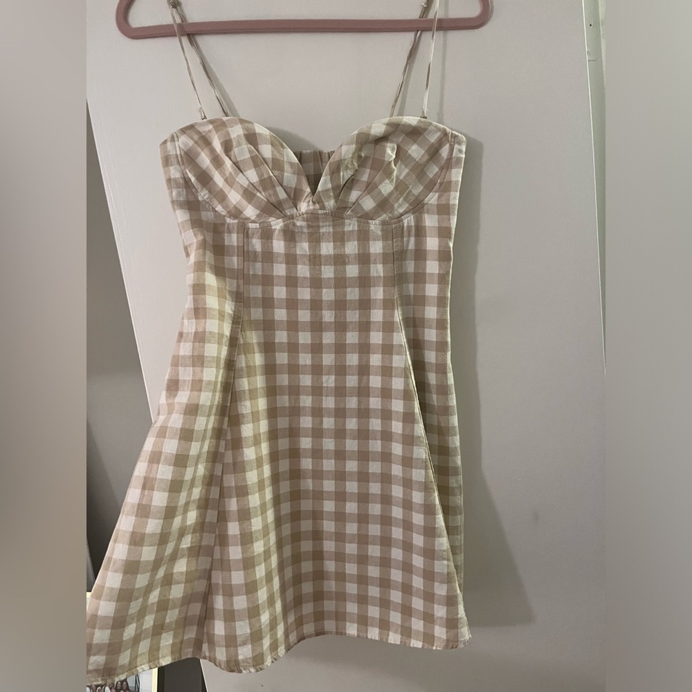 Zara Beige and White Gingham Strap Dress